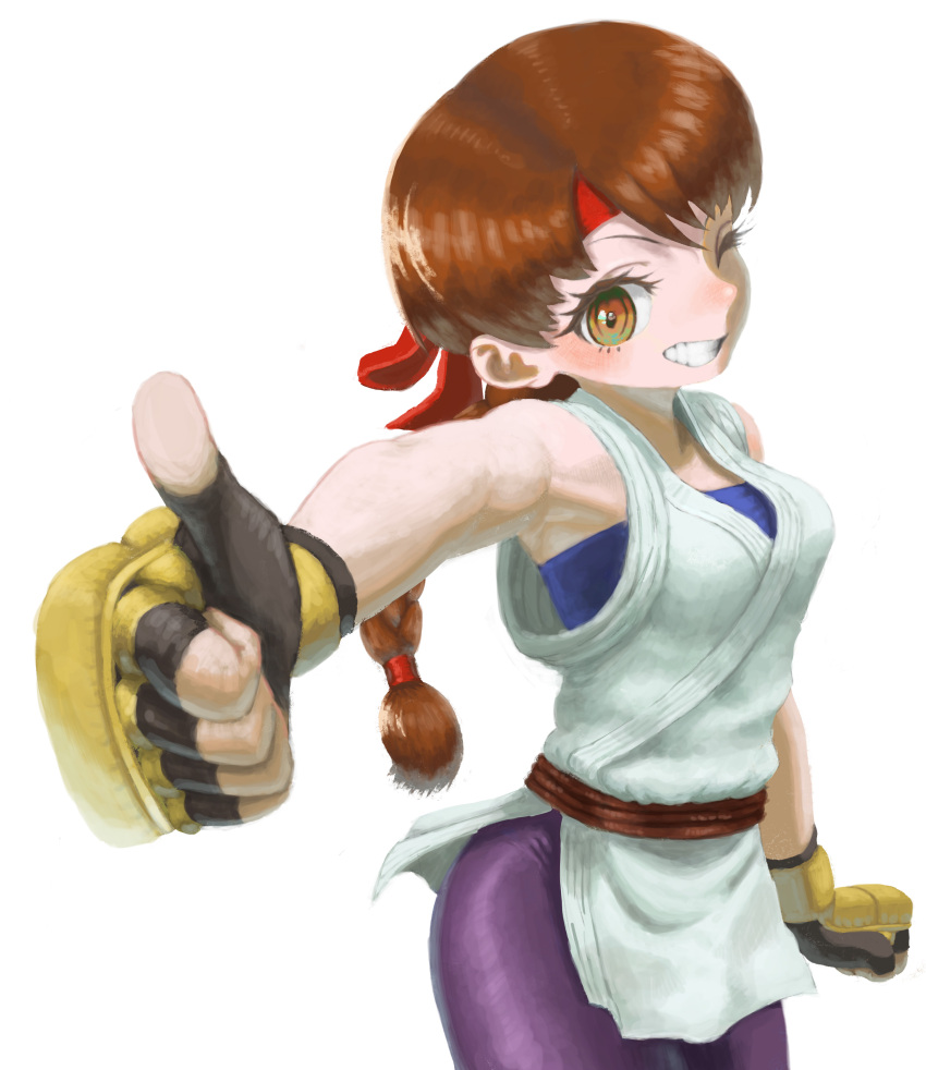 1girl absurdres braid brown_hair commentary fingerless_gloves gloves headband highres long_hair nojob_hiro one_eye_closed red_headband ryuuko_no_ken single_braid solo spandex the_king_of_fighters thumbs_up yuri_sakazaki