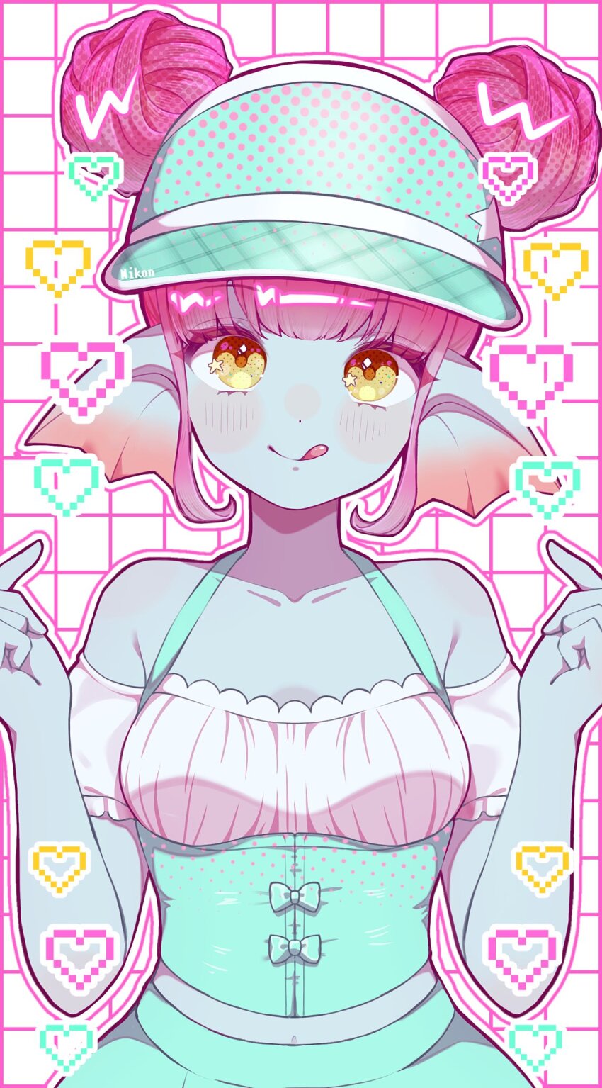 1girl aqua_bow aqua_hat aqua_skin bare_shoulders blunt_bangs border bow breasts collarbone colored_skin commentary_request double_bun dragon_quest dragon_quest_x fins fish_girl hair_bun hat head_fins heart highres licking_lips looking_at_viewer navel nikon_(user_aznh7528) off_shoulder pink_border pink_hair pixel_heart small_breasts solo star_(symbol) tongue tongue_out upper_body visor_cap weddie_(dq10) yellow_eyes