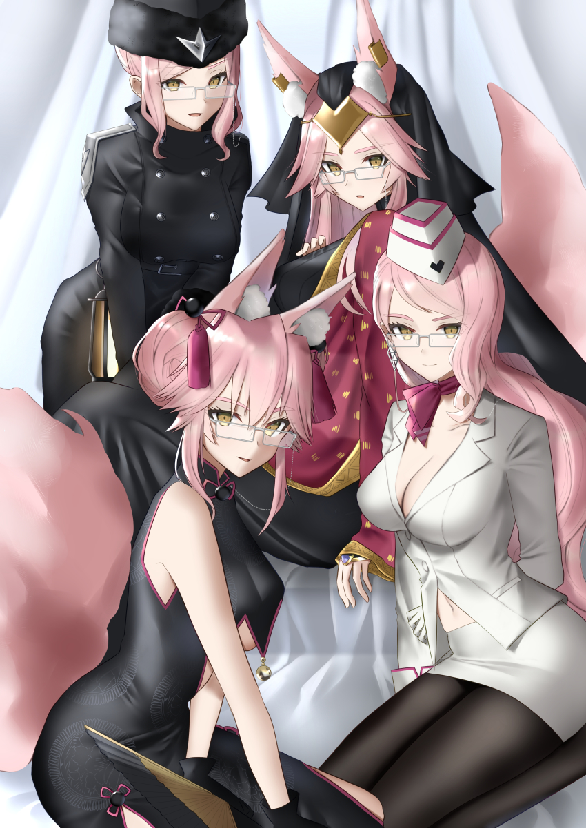 4girls absurdres animal_ear_fluff animal_ears bare_shoulders bell black_dress black_headwear black_jacket black_legwear blush breasts buttons center_opening china_dress chinese_clothes circle circlet closed_mouth double_bun dress ear_piercing eyewear_strap fate/grand_order fate_(series) faton fox_ears fox_girl fox_tail garrison_cap glasses grey-framed_eyewear hair_between_eyes hair_bun hat highres indian_clothes jacket jingle_bell koyanskaya_(chinese_lostbelt_outfit)_(fate) koyanskaya_(fate) koyanskaya_(foreigner)_(first_ascension)_(fate) koyanskaya_(indian_lostbelt_outfit)_(fate) koyanskaya_(russian_lostbelt_outfit)_(fate) lantern large_breasts long_hair looking_at_viewer multiple_girls multiple_persona navel open_mouth pantyhose parted_lips pencil_skirt piercing pink_hair pink_scarf scarf shawl sitting skirt smile tail tamamo_(fate) tassel thighs veil white_headwear white_jacket white_skirt yellow_eyes