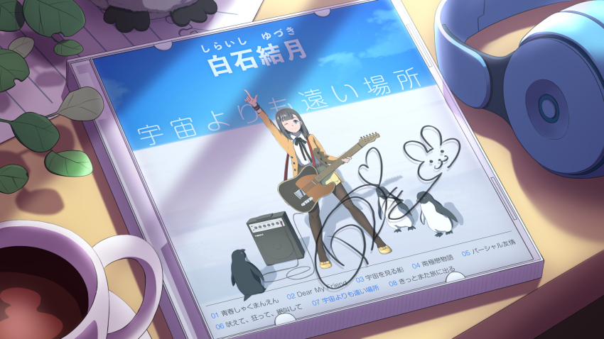 1girl amplifier arm_up bird black_pantyhose black_ribbon brown_jacket cable cd_case character_name character_signature coffee_mug collared_shirt commentary_request copyright_name cup dress_shirt electric_guitar finger_gun guitar headphones headphones_removed highres holding holding_guitar holding_instrument instrument jacket laofuzi_dai_bansho long_sleeves mug neck_ribbon object_focus open_clothes open_jacket pantyhose pantyhose_under_shorts penguin ribbon shiraishi_yuzuki shirt shoes shorts solo sora_yori_mo_tooi_basho still_life unworn_headphones white_shirt yellow_shoes yellow_shorts