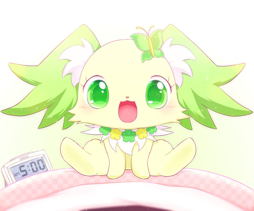 :3 :d alarm_clock animal animal_focus animalization blanket blush butterfly_hair_ornament clock commentary_request creature creature_focus dog flower green_eyes hair_ornament highres jewelpet_(series) looking_at_viewer master_nabesama no_humans open_mouth peridot_(jewelpet) pov sitting smile solo