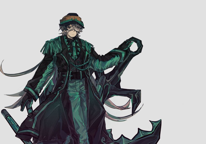 1boy anchor aqua_necktie aqua_pants belt bi_qian79294 black_belt black_coat black_gloves black_pants black_shirt black_vest blind_obsession_(e.g.o) brown_eyes builderman_(roblox) coat collared_shirt cowboy_shot e.g.o_(project_moon) epaulettes gloves grey_hair helmet highres limbus_company long_sleeves looking_at_viewer necktie orange_helmet pants project_moon roblox shirt solo vest