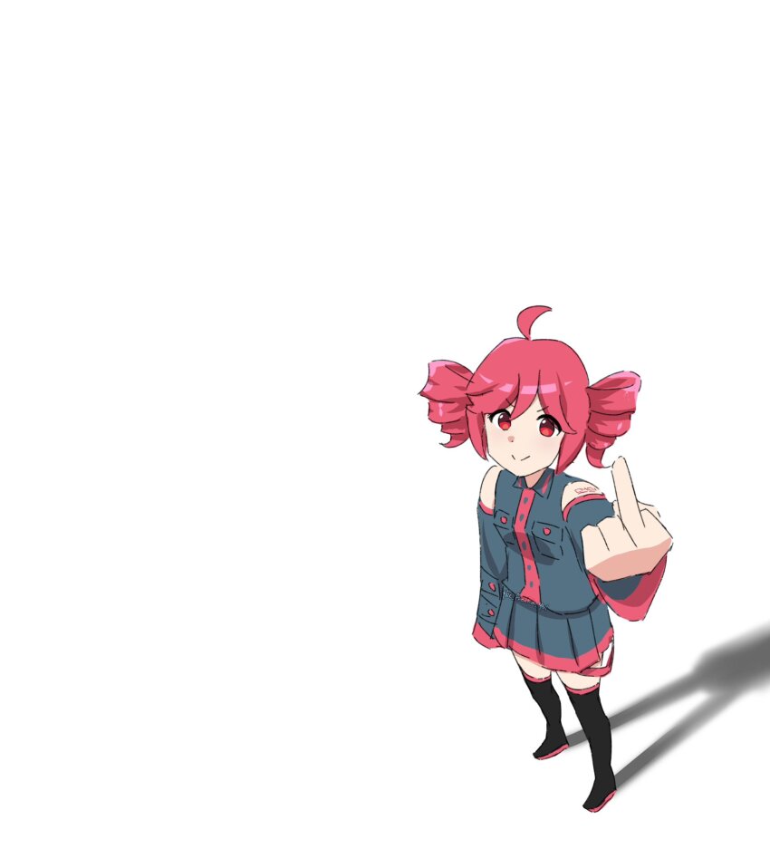 1girl ahoge black_boots boots closed_mouth collared_shirt detached_sleeves drill_hair from_above grey_shirt grey_skirt grey_sleeves hand_up highres kasane_teto kasane_teto_(utau) long_sleeves looking_at_viewer middle_finger miniskirt number_tattoo pleated_skirt red_eyes shirt short_hair shoulder_tattoo simple_background skirt sleeveless sleeveless_shirt smile solo tattoo the_freakin_yui thigh_boots utau v-shaped_eyebrows white_background wide_sleeves