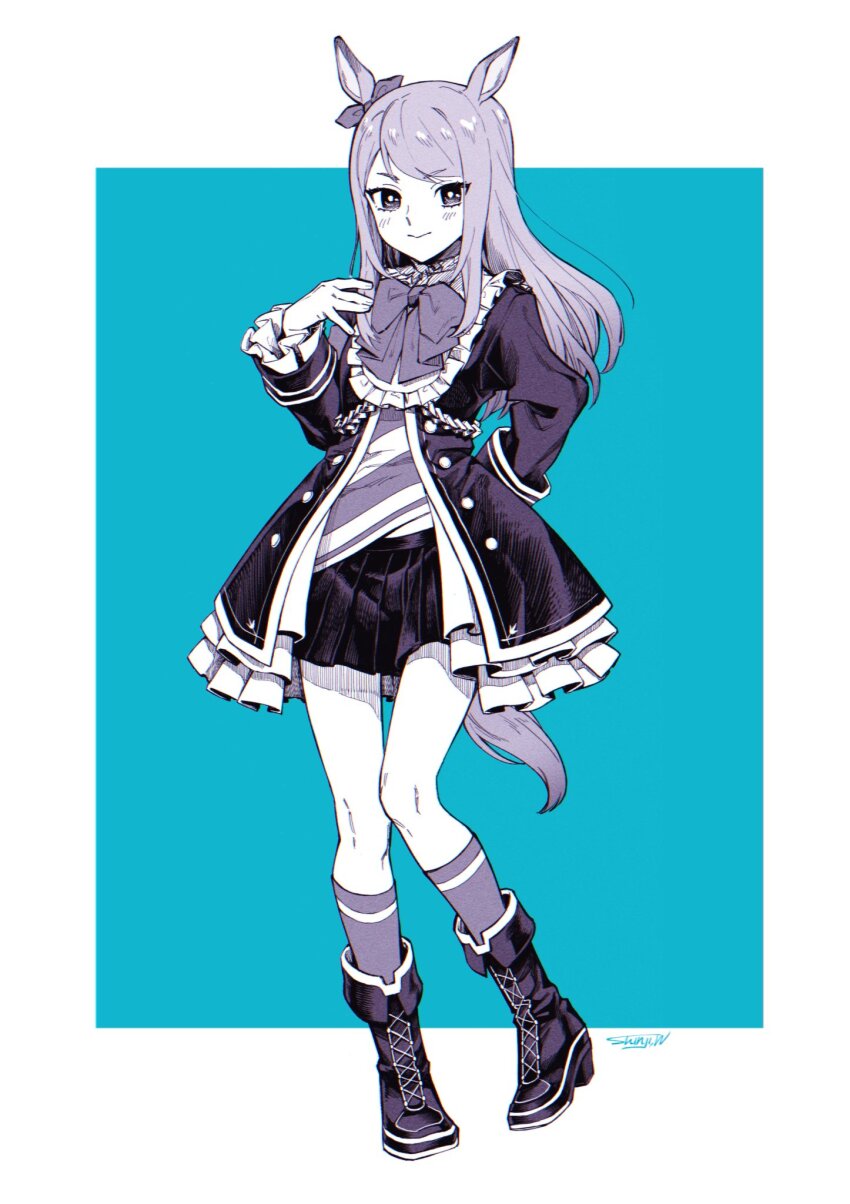 1girl :&gt; animal_ears black_dress blue_background boots closed_mouth commentary_request dress ear_ornament frilled_dress frilled_sleeves frills full_body hand_up highres horse_ears horse_girl horse_tail jacket long_hair long_sleeves looking_at_viewer matsugi_zuntaro mejiro_mcqueen_(umamusume) neck_ribbon open_clothes open_dress parted_bangs ribbon simple_background skirt solo tail umamusume white_background