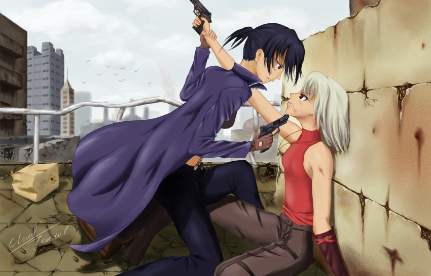 2girls 428 428:_fuusa_sareta_shibuya_de alphard_(canaan) black_eyes black_hair canaan_(character) canaan_(series) chunsoft gun multiple_girls ponytail red_eyes short_hair sleeveless sleeveless_turtleneck turtleneck weapon white_hair