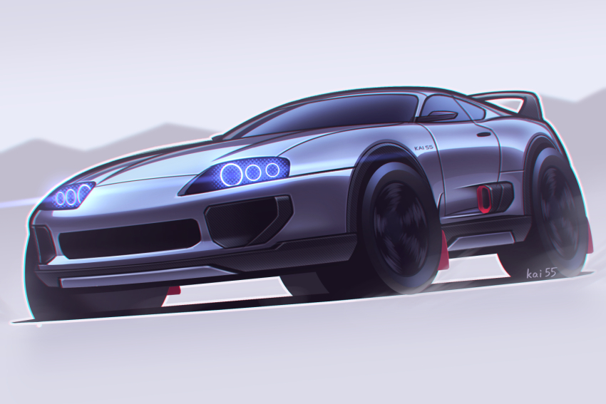 artist_name car glowing grey_car grey_theme kai55 light_trail motion_blur motor_vehicle no_humans original shadow spoiler_(automobile) sports_car toyota toyota_supra toyota_supra_mk_iv vehicle_focus