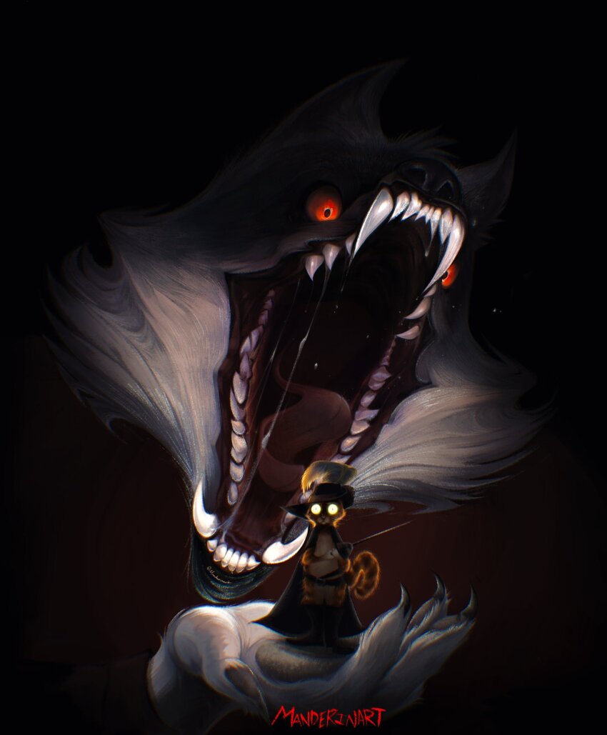 2boys artist_name cavalier_hat colored_sclera commentary death_(puss_in_boots) dreamworks english_commentary epee fangs feathers fingernails glowing hat highres holding holding_weapon manderin_art multiple_boys open_mouth puss_in_boots:_the_last_wish puss_in_boots_(shrek) red_eyes red_sclera sharp_fingernails sharp_teeth shrek_(series) teeth weapon wolf yellow_eyes yellow_feathers yellow_sclera