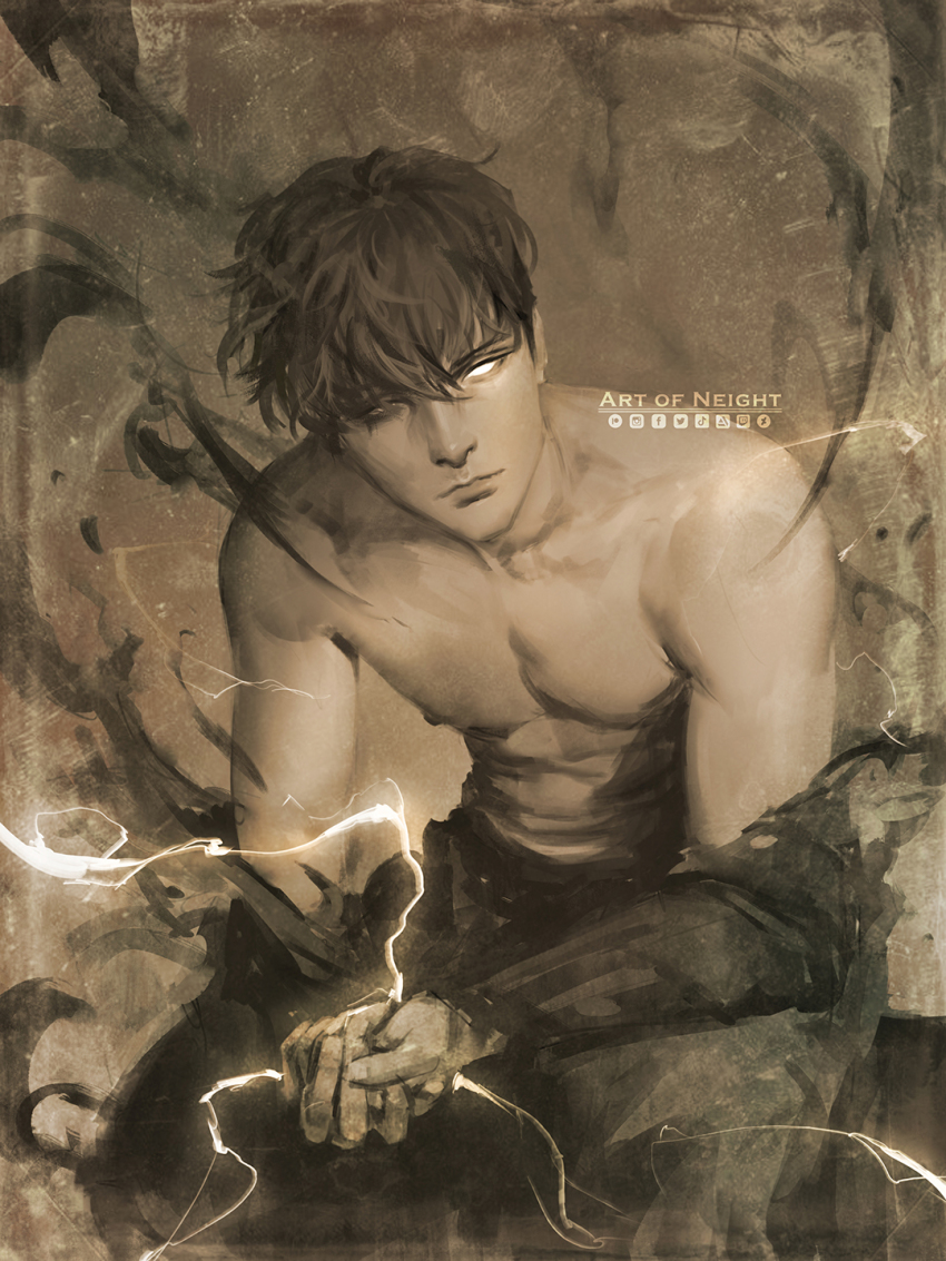1boy abs arms_on_knees art_of_neight black_hair glowing glowing_eye highres leaning_forward looking_at_viewer monochrome muscular muscular_male own_hands_together sepia short_hair sitting solo solo_leveling sparks sung_jin-woo topless_male torn_clothes twitter_logo