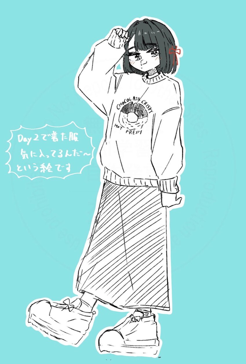 1girl black_hair blue_background blunt_bangs blunt_ends bob_cut commentary_request cosplay donut_print flower_knot food_print full_body greyscale_with_colored_background highres link!_like!_love_live! long_skirt long_sleeves love_live! momose_ginko print_sweater puripuri_hurai sakurai_hina sakurai_hina_(cosplay) shoes short_hair simple_background skirt solo standing sweater virtual_youtuber voice_actor_connection