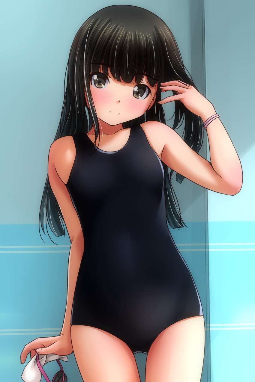 1girl absurdres black_hair black_one-piece_swimsuit bracelet brown_eyes commentary_request flat_chest gluteal_fold goggles highres holding holding_goggles jewelry long_hair looking_at_viewer matsunaga_kouyou one-piece_swimsuit original school_swimsuit smile solo standing swimsuit thigh_gap unworn_goggles unworn_swim_cap