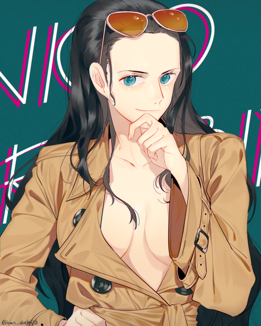1girl alternate_costume aqua_background bad_id bad_pixiv_id ban_(bango) black_hair blue_eyes blue_pupils breasts breasts_apart buttons character_name closed_mouth coat collarbone eyewear_on_head female_focus forehead hair_over_shoulder hair_slicked_back hand_on_own_chin hand_on_own_hip hand_up highres long_hair long_sleeves looking_at_viewer medium_breasts naked_coat nico_robin no_bra no_shirt nose one_piece orange-tinted_eyewear smile solo stroking_own_chin sunglasses sunglasses_on_head tinted_eyewear twitter_username unbuttoned upper_body wide_sleeves