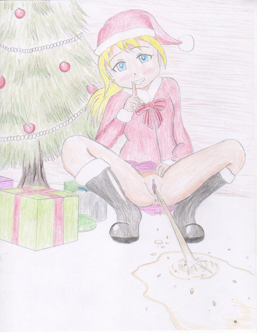 1girl anus black_footwear blonde_hair blue_eyes blush boots bow bowtie christmas christmas_ornaments christmas_tree clothes_lift finger_to_mouth fur-trimmed_boots fur-trimmed_headwear fur-trimmed_jacket fur_trim gift grin hat heart highres jacket long_hair long_sleeves looking_at_viewer no_panties omocommando peeing pink_neckwear pom_pom_(clothes) puddle purple_skirt pussy red_headwear red_jacket santa_costume santa_hat skirt skirt_lift smile squatting striped_neckwear teeth tree uncensored