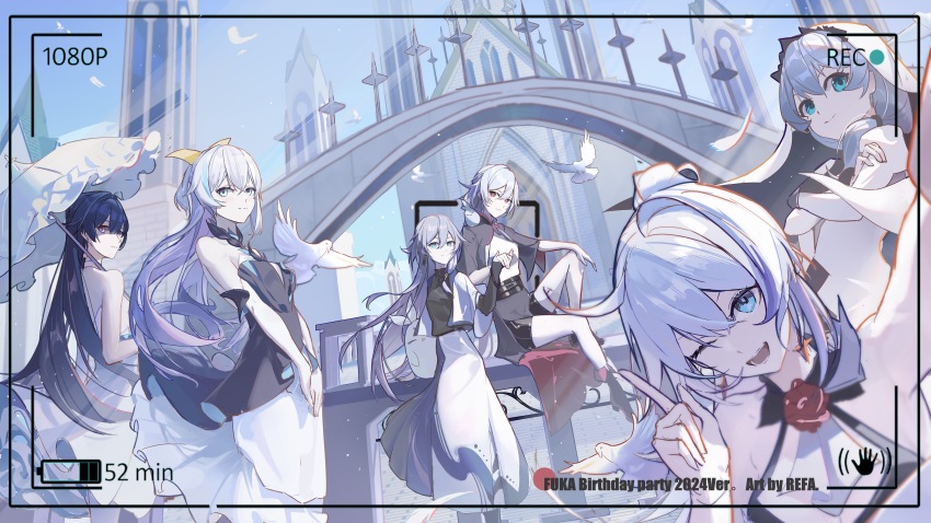 6+girls :d absurdres alternate_costume artist_name bare_shoulders battery_indicator bird black_dress black_footwear black_shirt black_shorts black_shrug blue_eyes breasts bronya_zaychik bronya_zaychik_(herrscher_of_truth) camera chinese_commentary cleavage commentary_request crossed_arms dress english_text fu_hua fu_hua_(herrscher_of_sentience) green_eyes grey_hair hair_between_eyes hand_grab hand_on_own_knee highres holding holding_camera holding_umbrella honkai_(series) honkai_impact_3rd index_finger_raised jingwei_(bird) kiana_kaslana kiana_kaslana_(herrscher_of_flamescion) kiana_kaslana_(time_runner) knee_up long_hair long_skirt looking_at_viewer medium_breasts multicolored_hair multiple_girls o-ring_dress one_eye_closed open_mouth parasol purple_eyes purple_hair raiden_mei red_eyes red_pupils refa shade shirt shorts shrug_(clothing) side_ahoge sitting skirt smile strapless strapless_dress streaked_hair theresa_apocalypse theresa_apocalypse_(valkyrie_pledge) umbrella veil viewfinder white_bird white_dress white_hair white_shirt white_skirt white_umbrella white_veil yellow_pupils
