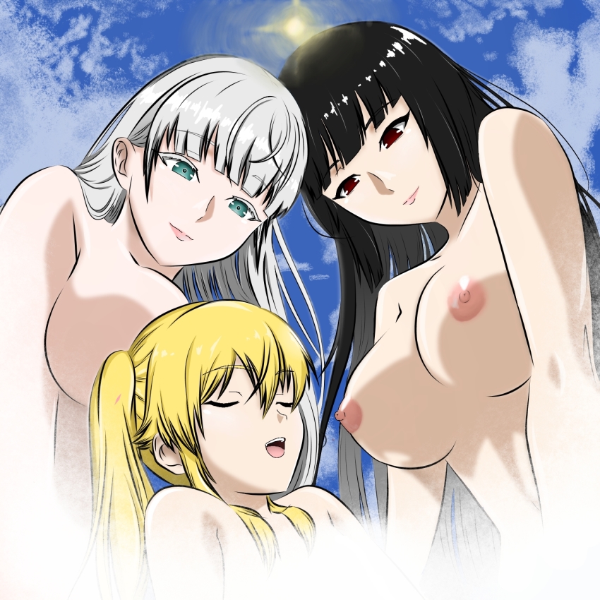 3girls aqua_eyes black_hair blonde_hair breasts cloud commentary highres hime_cut jabami_yumeko kakegurui large_breasts medium_breasts momobami_ririka multiple_girls nipples open_mouth red_eyes saotome_mary sky smile sun twintails white_hair