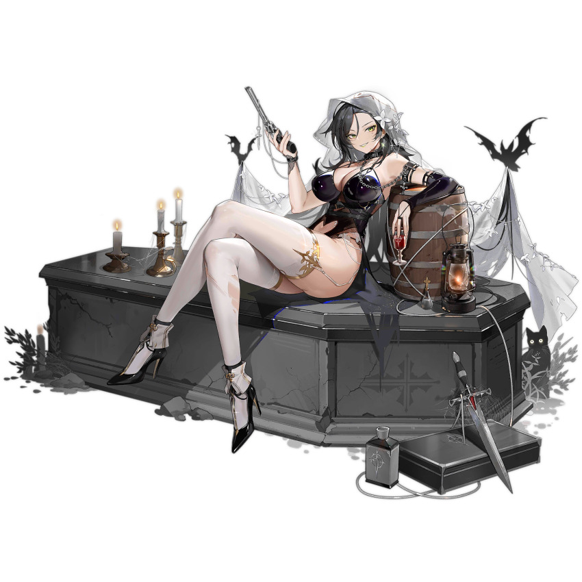 1girl alcohol arm_strap arm_warmers barrel bat_(animal) black_arm_warmers black_cat black_collar black_hair black_leotard black_shoes box breasts candle cat cleavage clothing_cutout coffin collar colt_python cross crossed_legs cup dagger drinking_glass faux_figurine fire flower full_body garter_straps girls&#039;_frontline gloves green_lips grin gun hair_flower hair_ornament hand_up handgun heart_cutout high_heels highres holding holding_cup holding_gun holding_weapon impossible_clothes impossible_leotard knife lantern large_breasts leotard long_hair looking_at_viewer looking_to_the_side mole mole_under_eye navel_cutout official_alternate_costume official_art python_(beauty_in_the_graveyard)_(girls&#039;_frontline) python_(girls&#039;_frontline) red_wine revolver rock shoes silk simple_background single_arm_warmer sitting skindentation smile spider_web suitcase thighhighs third-party_source torn_clothes torn_thighhighs transparent_background v-shaped_eyebrows veil very_long_hair weapon white_flower white_thighhighs white_veil wine wine_glass yoyo_(550098)