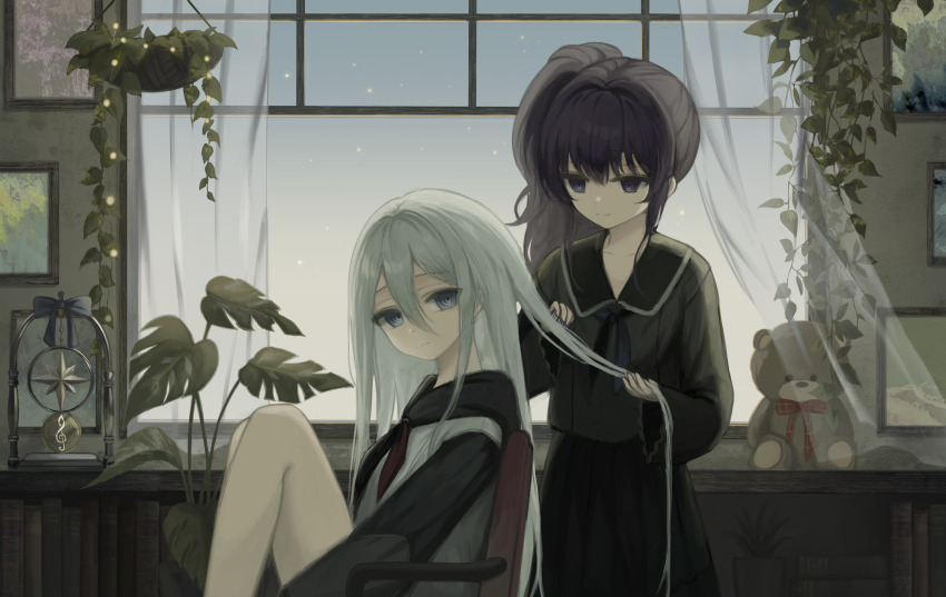 2girls absurdres asahina_mafuyu black_hair black_hood black_sailor_collar black_serafuku black_shirt black_skirt black_sleeves blue_eyes blue_neckerchief book bow brushing_another&#039;s_hair brushing_hair chair character_request check_character closed_mouth collarbone commentary_request curtains dot_nose double-parted_bangs expressionless floating_curtains grey_hair hair_between_eyes hair_intakes hanging_plant highres indoors kkamkkam knees_to_chest long_hair long_sleeves looking_at_viewer multiple_girls neckerchief on_chair one_side_up picture_frame plant potted_plant project_sekai purple_eyes red_bow ringed_eyes sailor_collar school_uniform see-through_curtains serafuku shirt sitting skirt sky smile star_(sky) starry_sky stuffed_animal stuffed_toy teddy_bear very_long_hair white_shirt window yoisaki_kanade