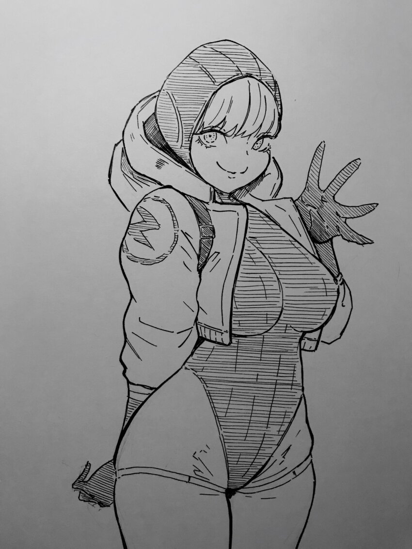 1girl apex_legends bodysuit breasts closed_mouth gloves greyscale highres hood hooded_jacket jacket looking_at_viewer monochrome simple_background smile solo thighhighs toshinoshin wattson_(apex_legends) white_background