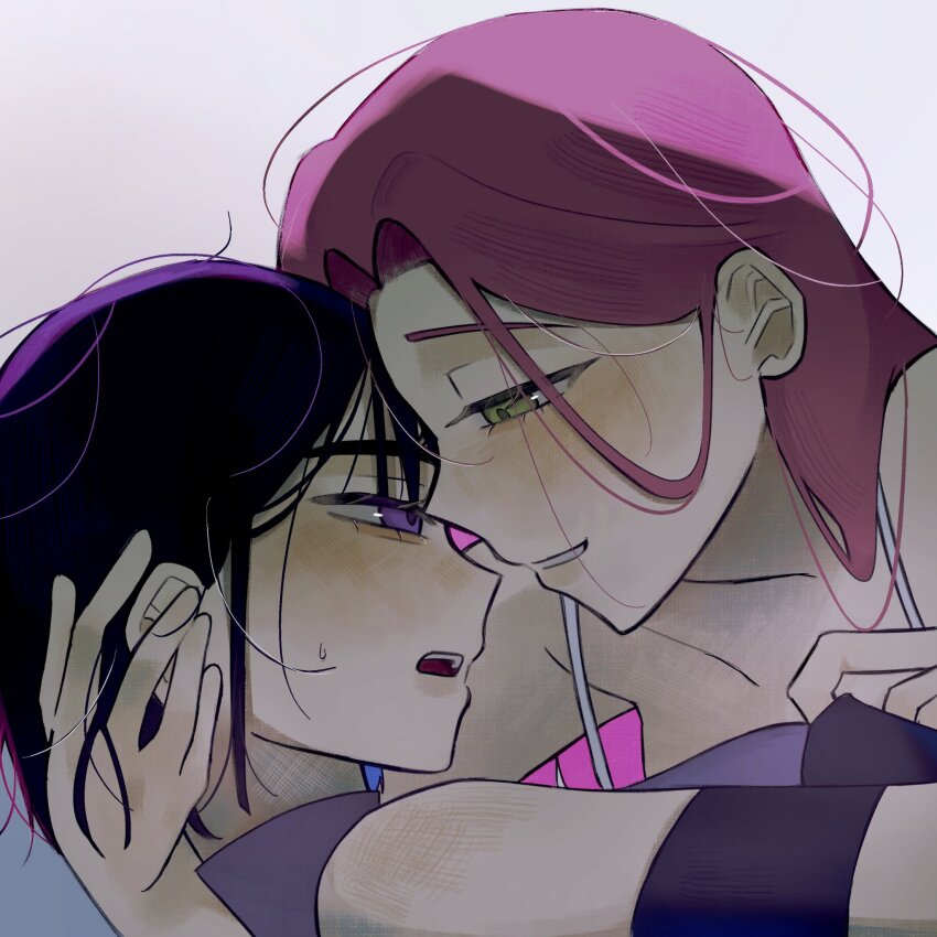 2girls alien_stage blush clothes_pull commentary dress dress_pull english_commentary green_eyes hand_on_another&#039;s_head highres mizi_(alien_stage) multiple_girls parted_lips pink_hair purple_background purple_dress purple_eyes purple_hair simple_background smile sua_(alien_stage) sweatdrop tillseyebags46 yuri