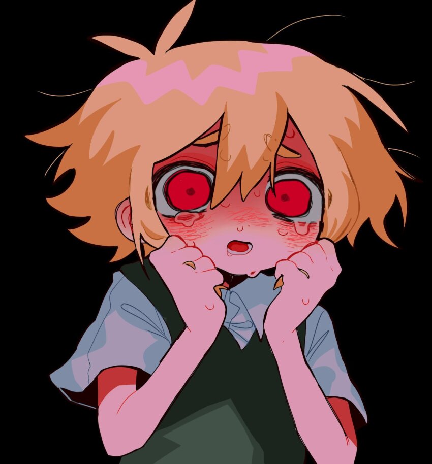 1boy antenna_hair basil_(faraway)_(omori) basil_(omori) bikini black_background black_bikini blonde_hair clenched_hands collared_shirt commentary crying crying_with_eyes_open double-parted_bangs from_below green_sweater_vest hair_between_eyes hands_on_own_cheeks hands_on_own_face hands_up highres holding holding_own_hair kobanzame_omo looking_at_viewer lower_teeth_only male_focus omori open_mouth raised_inner_eyebrows red_eyes scared shaded_face shirt short_hair short_sleeves simple_background solo sweat sweater_vest swimsuit symbol-only_commentary tears teeth tongue upper_body white_shirt wide-eyed