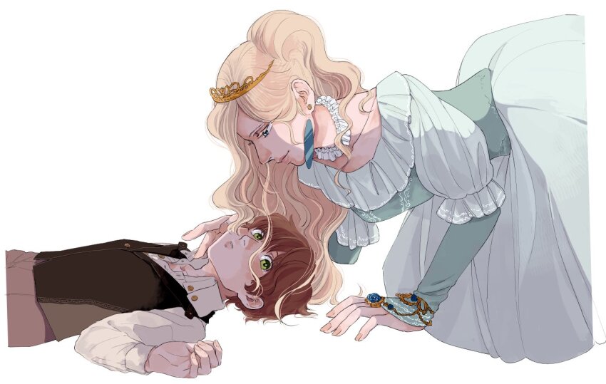 1boy 1girl age_difference ano_amesuke blonde_hair brown_hair brown_vest collarbone commentary_request dress earrings green_dress green_eyes jewelry long_dress long_hair lying on_back onee-shota ponytail puffy_sleeves smile tiara toaru_ohime-sama_no_hanashi vest wavy_hair