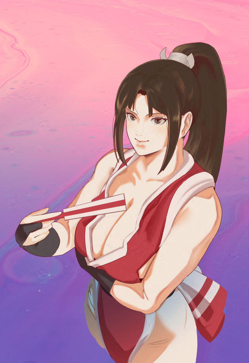 1girl breasts brown_eyes brown_hair cleavage curvy fatal_fury highres huge_breasts japanese_clothes large_breasts long_hair ponytail shiranui_mai standing the_king_of_fighters thighs