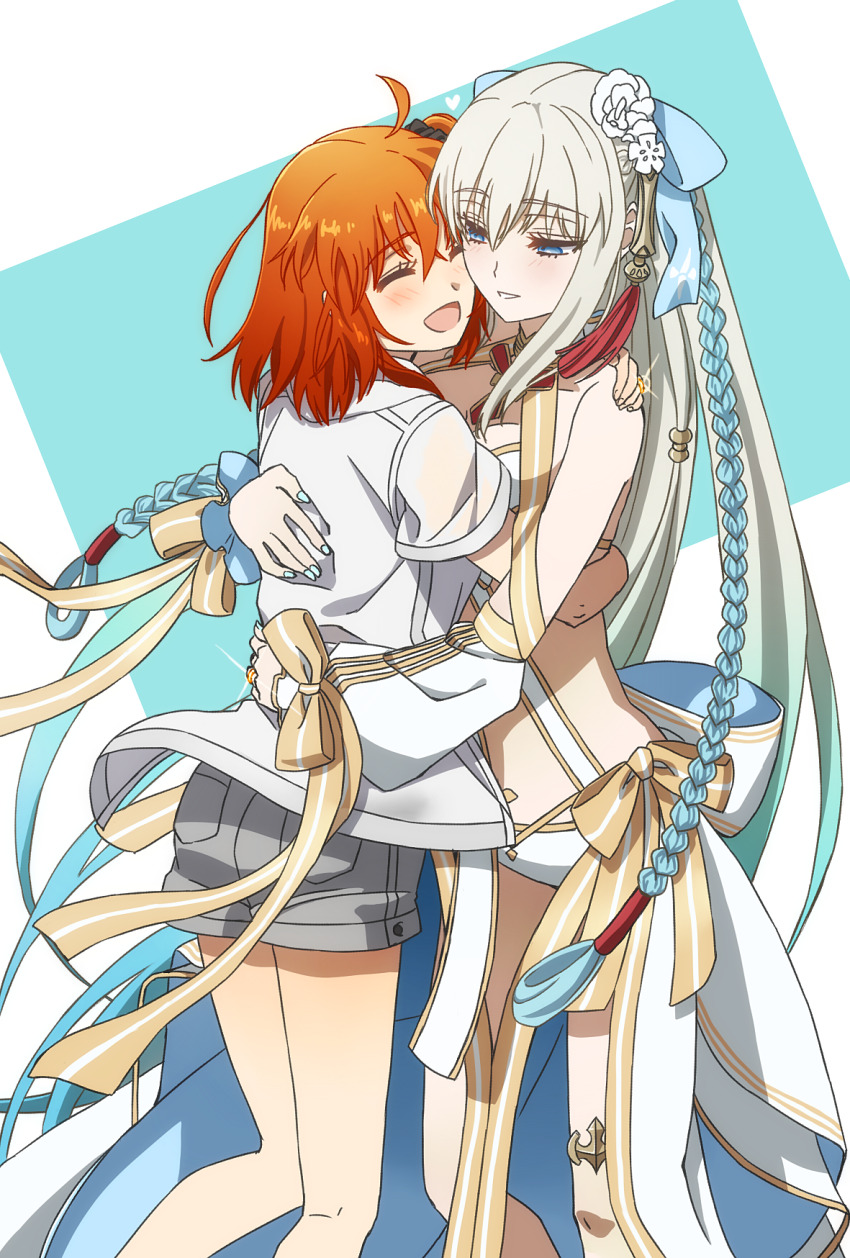 2girls ahoge bare_shoulders bikini blue_eyes blue_hair blush braid breasts cleavage closed_eyes commission couple detached_sleeves fate/grand_order fate_(series) flower fujimaru_ritsuka_(female) fujimaru_ritsuka_(female)_(summer_street) gold_trim grey_shorts hair_flower hair_ornament hair_ribbon hair_scrunchie highres hug jacket jewelry large_breasts long_hair long_skirt long_sleeves morgan_le_fay_(fate) morgan_le_fay_(water_princess)_(fate) multiple_girls oiun one_side_up open_mouth orange_hair pixiv_commission ponytail puffy_long_sleeves puffy_sleeves ribbon scrunchie see-through_clothes short_hair short_sleeves shorts showgirl_skirt sidelocks skirt smile swimsuit thighlet thighs twin_braids very_long_hair white_bikini white_hair white_jacket white_skirt yuri