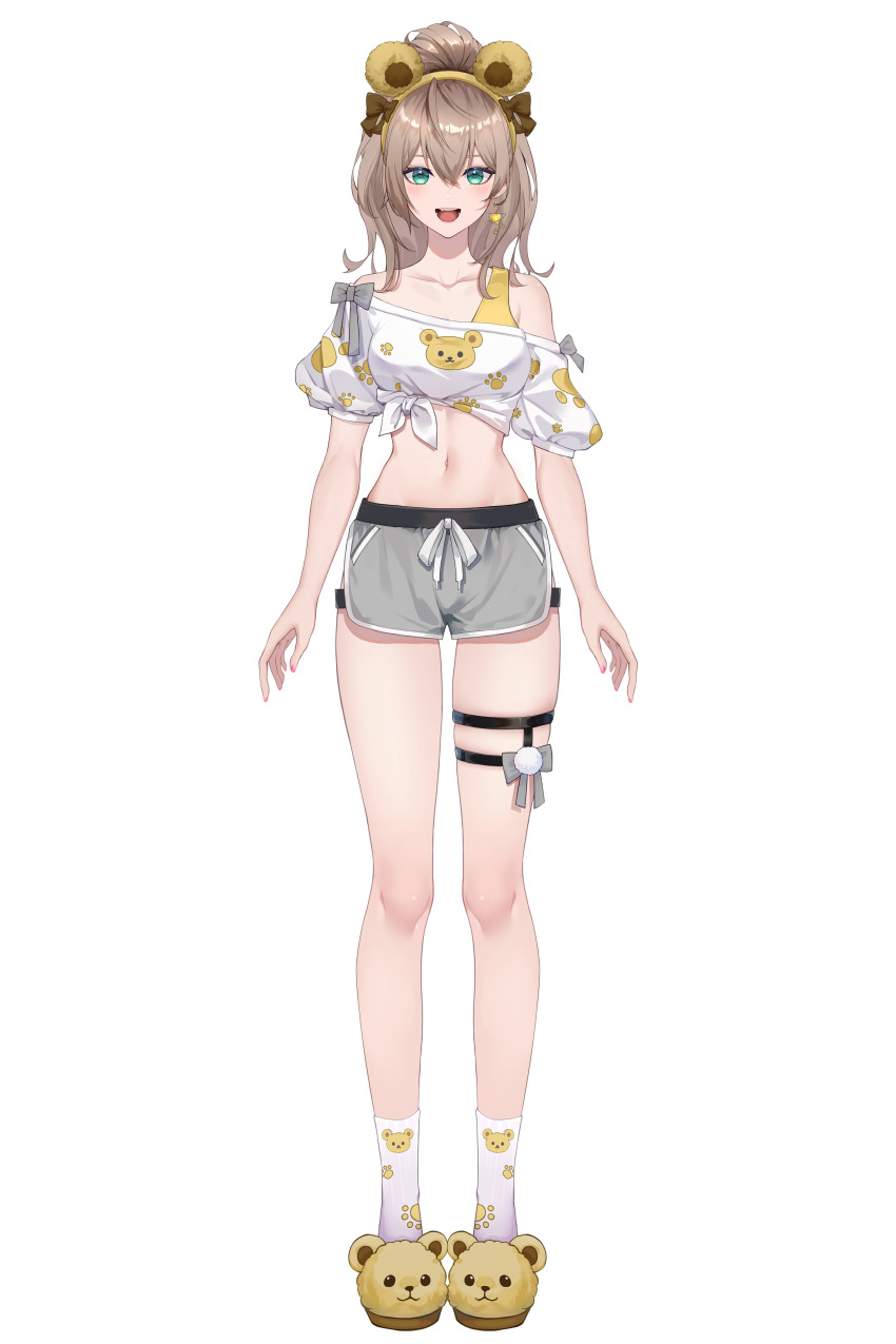 1girl :d absurdres animal_ears animal_print animal_slippers arms_at_sides bare_shoulders bear_ears bear_print bear_slippers bow breasts brown_bow brown_hair collarbone cropped_shirt curly_hair dolphin_shorts earrings fake_animal_ears full_body green_eyes grey_bow grey_shorts hair_between_eyes hair_bow highres jewelry looking_at_viewer medium_breasts medium_hair navel off-shoulder_shirt off_shoulder official_art open_mouth paw_print ponytail puffy_short_sleeves puffy_sleeves queenie_(vtuber) shirt shirt_bow short_shorts short_sleeves shorts single_earring sixiwanzi slippers smile socks solo standing stomach tachi-e teeth thigh_bow thigh_strap tied_shirt transparent_background virtual_youtuber white_socks