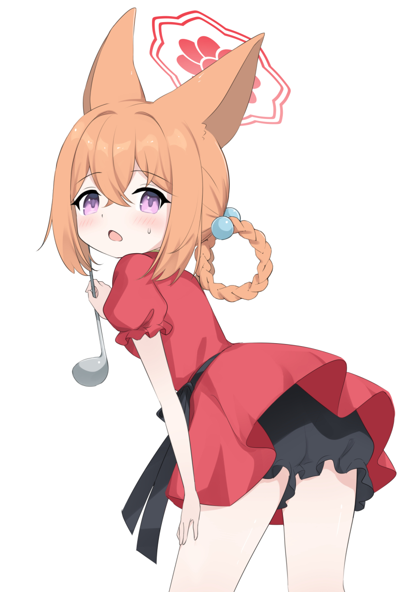 1girl animal_ears black_bloomers bloomers blue_archive blush braid braided_hair_rings commentary dress hair_between_eyes hair_rings halo highres holding holding_ladle ladle looking_at_viewer open_mouth orange_hair puffy_short_sleeves puffy_sleeves purple_eyes red_dress red_halo rumi_(blue_archive) rumi_(small)_(blue_archive) short_sleeves simple_background solo sweatdrop thighs tongue umou_(may65879) underwear white_background