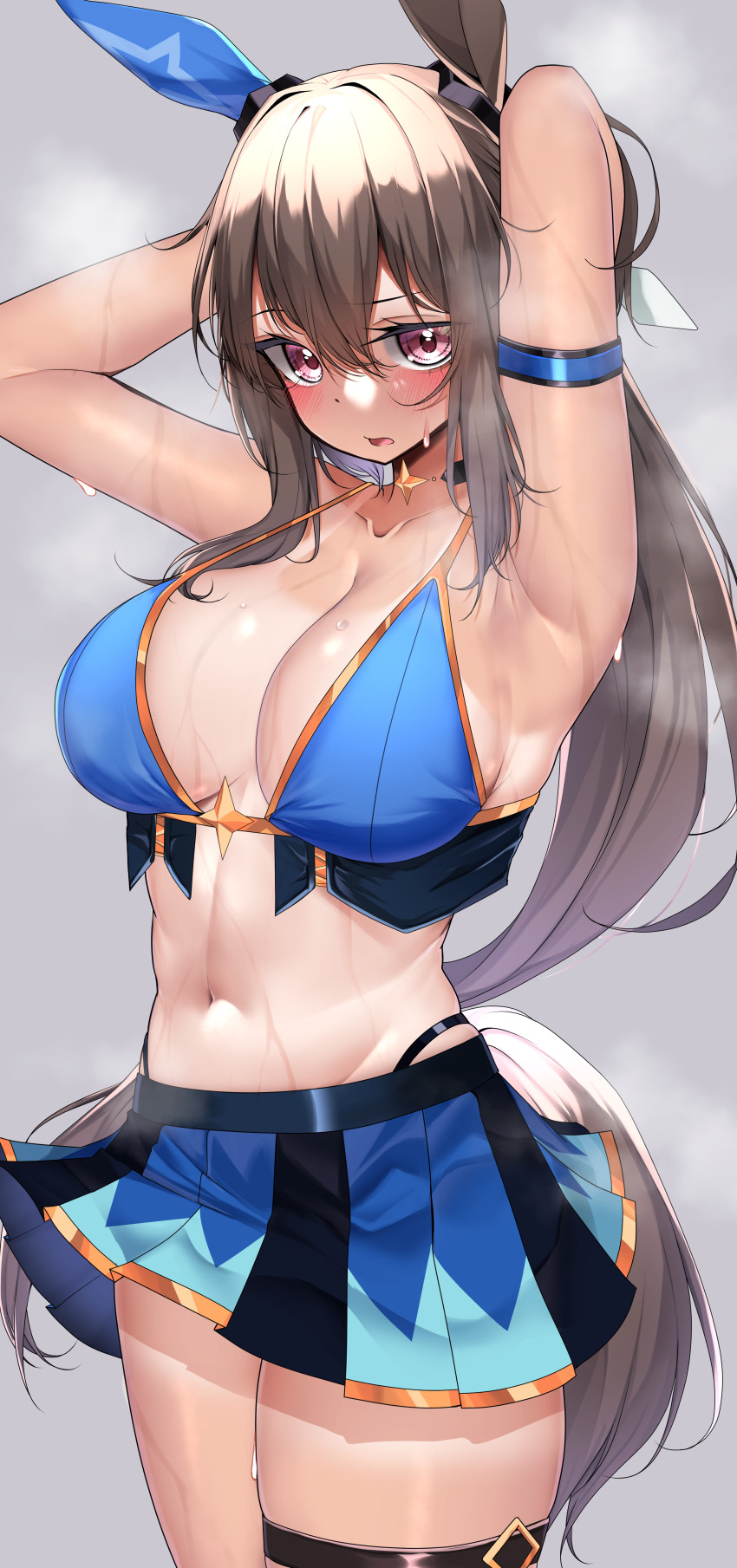 1girl absurdres admire_vega_(umamusume) alternate_breast_size alternate_costume animal_ears armpits arms_up black_hair blush breasts cleavage closed_mouth collarbone highres horse_ears horse_girl horse_tail kshimu large_breasts long_hair ponytail purple_eyes simple_background solo steaming_body sweat swimsuit tail tan umamusume