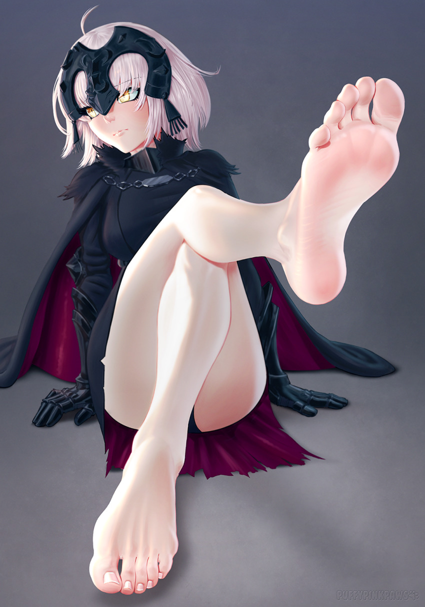 1girl armor armored_dress barefoot dress fate/grand_order fate_(series) feet foot_focus highres jeanne_d&#039;arc_alter_(fate) looking_afar medium_hair panties pantyshot puffypinkpaws soles toes underwear white_hair yellow_eyes