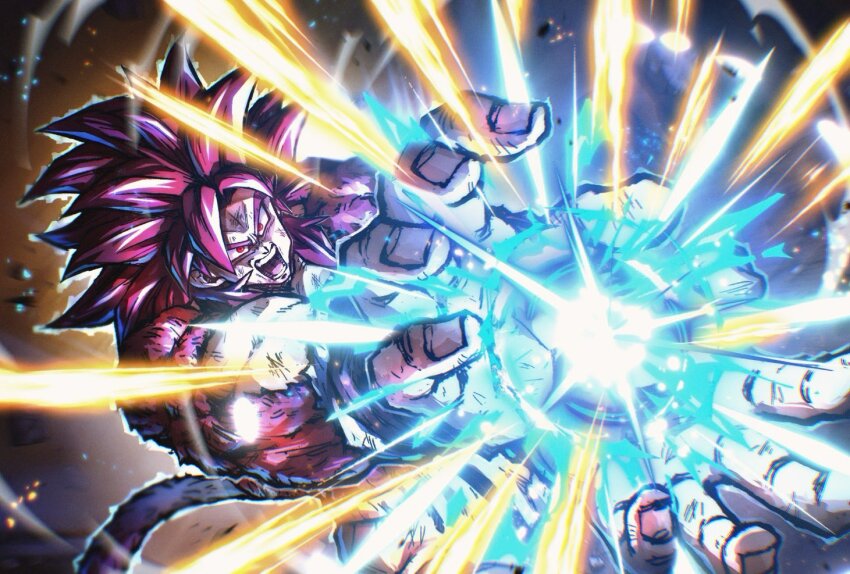 1boy aura battle_damage black_eyeliner body_fur cowboy_shot dragon_ball dragon_ball_daima energy_beam eyeliner furrowed_brow hashagu kamehameha_(dragon_ball) makeup male_focus monkey_tail muscular muscular_male open_mouth orange_pants pants red_eyes red_fur red_hair red_tail solo son_goku super_saiyan super_saiyan_4 tail wristband