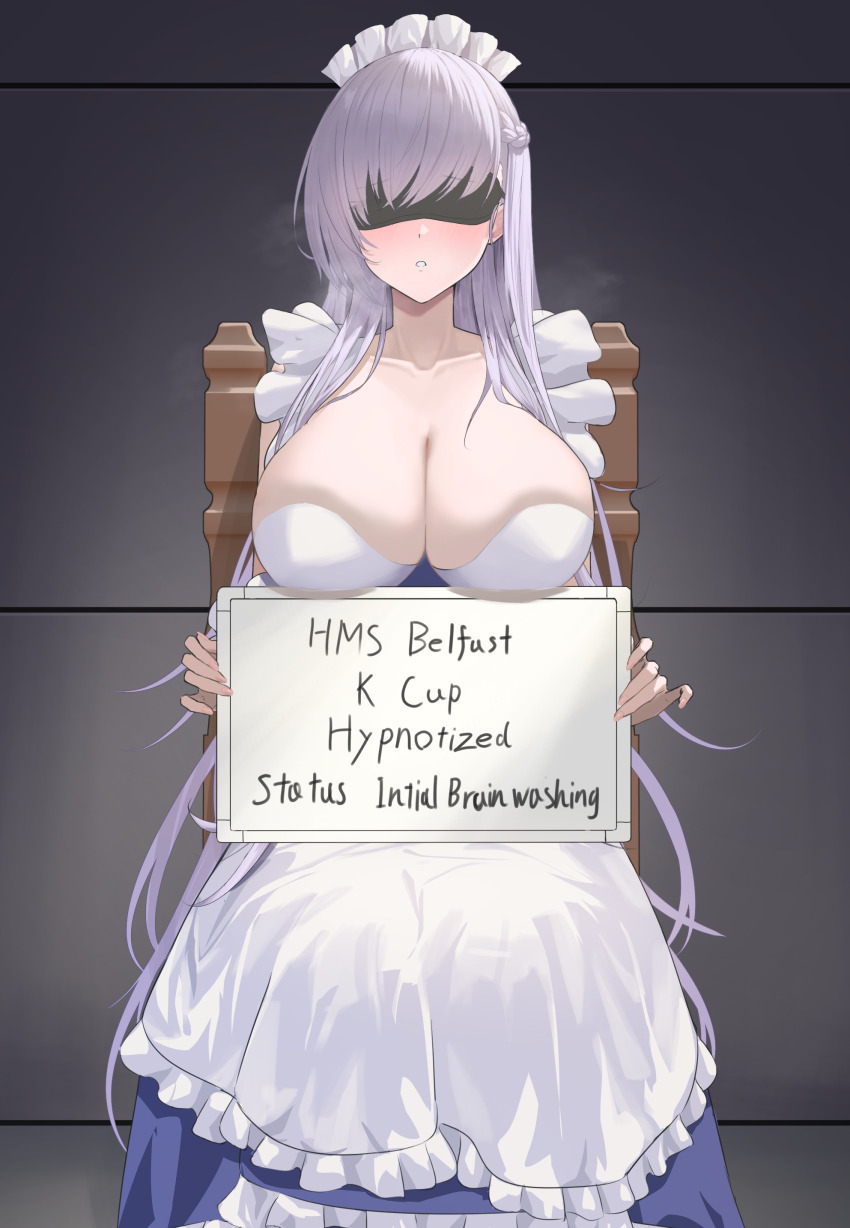 1girl absurdres apron azur_lane belfast_(azur_lane) blindfold breasts chair character_name cleavage dress english_text feet_out_of_frame frilled_apron frills highres holding holding_sign huge_breasts indoors large_breasts lom_(lom_lom_8) long_hair maid_apron maid_headdress purple_dress purple_hair sign sitting solo very_long_hair white_apron white_hair