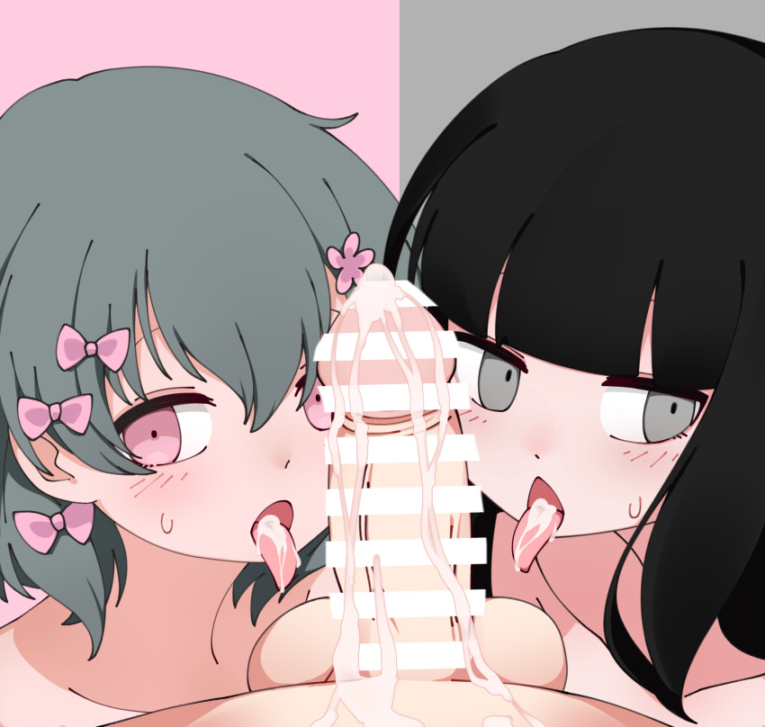 1boy 2girls bar_censor black_hair blunt_bangs blush bow censored closed_mouth collarbone completely_nude crossover cum cum_in_mouth flower green_hair grey_eyes hair_between_eyes hair_bow hair_flower hair_ornament hetero highres inabakumori iyowa_girls kurari-chan_(iyowa) kyu-kurarin_(cevio) long_hair looking_at_viewer multiple_girls multiple_hair_bows nazunobasho nude open_mouth osage_(nukunuku_nigirimeshi) penis pink_bow pink_eyes pink_flower pov short_hair sidelocks split_theme sweat testicles tongue tongue_out variant_set veins veiny_penis
