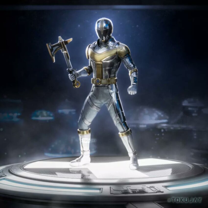 1boy axe belt belt_buckle bodysuit boots buckle clenched_hand commentary english_commentary full_body gloves gold_belt grey_bodysuit grey_helmet helmet holding holding_axe holding_weapon light_particles looking_ahead male_focus power_rangers power_rangers_lightspeed_rescue shiny_clothes standing titanium_ranger tokujay tokusatsu weapon white_boots white_gloves