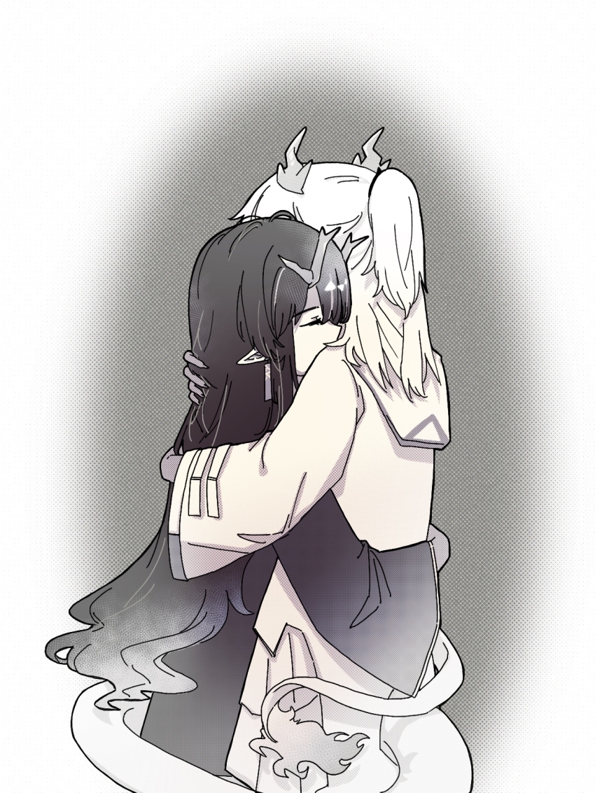 2girls arknights chinese_commentary closed_eyes commentary_request cowboy_shot dragon_girl dragon_horns dragon_tail dusk_(arknights) earrings greyscale highres horns hug jacket jewelry long_sleeves medium_hair monochrome multiple_girls nian_(arknights) oval_background pointy_ears profile siblings sisters standing tail yu_kaoxiang yuri