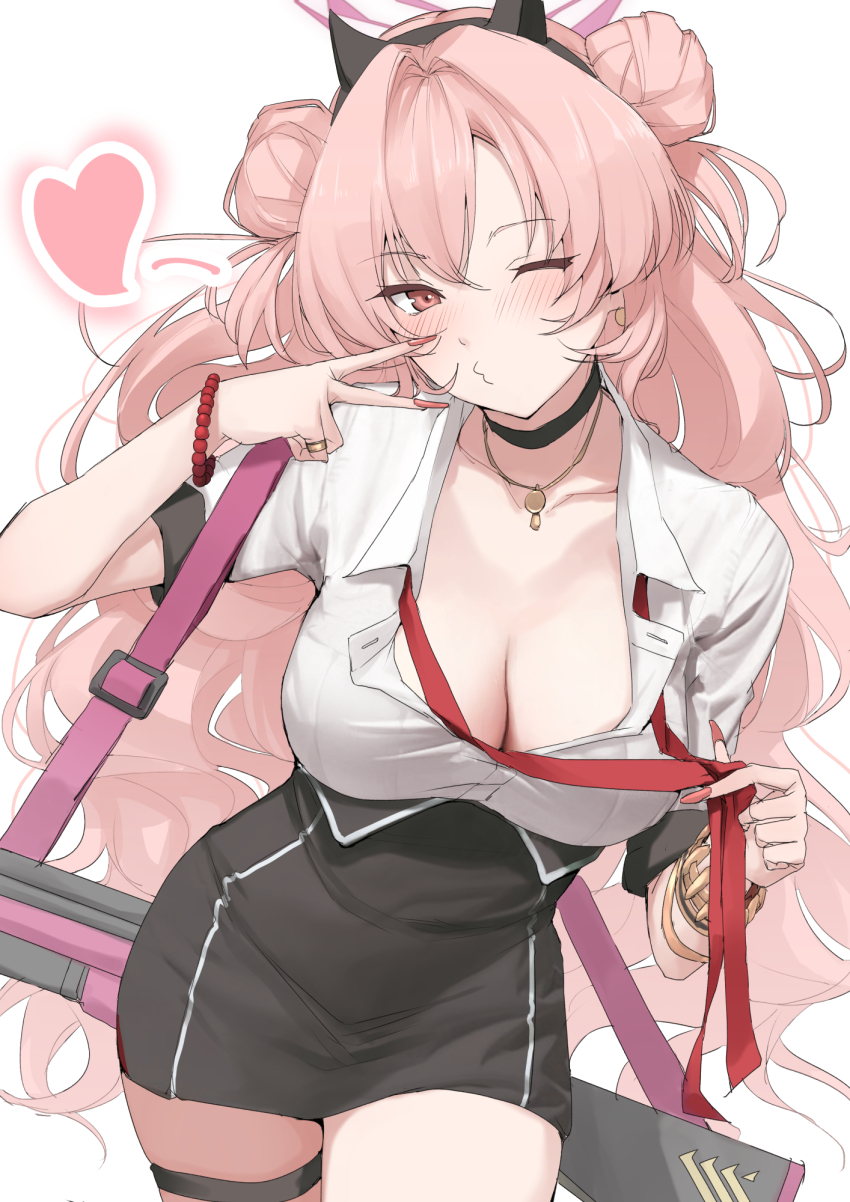 1girl assault_rifle black_skirt blue_archive blush breasts carbine cleavage collared_shirt cowboy_shot double_bun duplicate fake_horns fingernails gun h&amp;k_hk33 hair_bun halo heart highres horns kirara_(blue_archive) large_breasts long_fingernails long_hair looking_at_viewer mitsuru_(uramitsuru1206) nail_polish one_eye_closed pink_eyes pink_hair pink_halo pink_nails pixel-perfect_duplicate rifle shirt short-barreled_rifle simple_background skirt solo thigh_strap v weapon white_background white_shirt