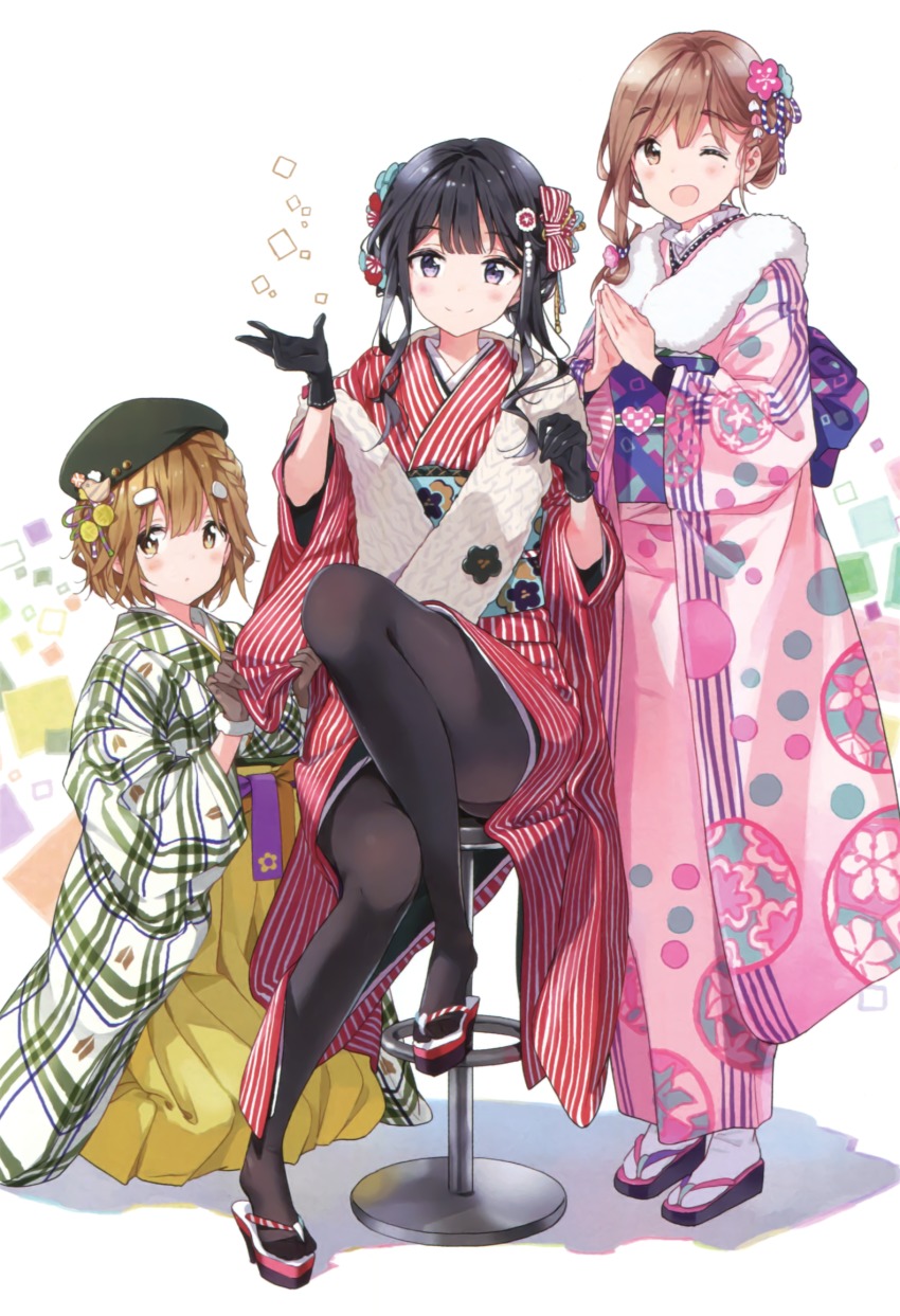 2016 3girls ;d adagaki_aki akeome bar_stool black_eyes black_gloves black_hair black_legwear blush braid brown_eyes brown_gloves brown_hair flower fujinomiya_neko gloves hair_flower hair_ornament hair_up hairclip happy_new_year hat highres japanese_clothes kimono koiwai_yoshino long_legs looking_at_viewer masamune-kun_no_revenge mole mole_under_eye multiple_girls new_year one_eye_closed open_mouth own_hands_together pantyhose sandals short_hair sitting smile stool tabi tiv