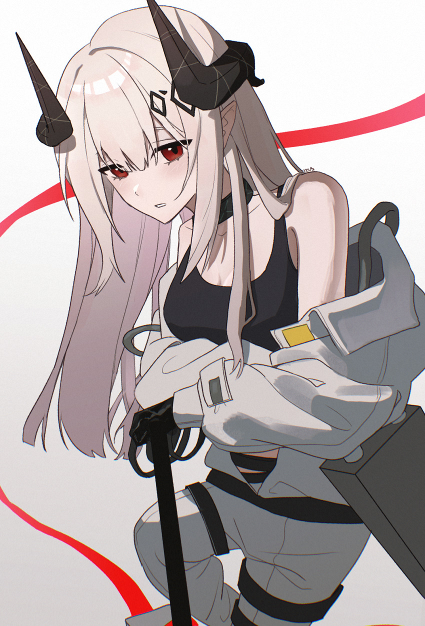 arknights bare_shoulders black_gloves black_horns blush breasts cleavage feet_out_of_frame gloves gradient_background grey_background grey_hair hair_between_eyes highres horns infection_monitor_(arknights) jumpsuit long_hair long_sleeves looking_at_viewer medium_breasts mudrock_(arknights) mudrock_(elite_ii)_(arknights) nod_(novv2a) pointy_ears red_eyes standing white_background