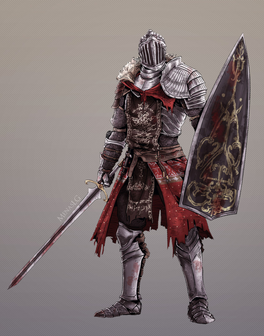 1other absurdres ambiguous_gender armor artist_name ashen_one_(dark_souls) blood commentary cuirass dark_souls_(series) dark_souls_iii facing_viewer full_body fur_trim greaves grey_background grey_footwear helm helmet highres holding holding_shield holding_sword holding_weapon menaslg other_focus pelvic_curtain shield shoulder_armor simple_background solo standing sword weapon