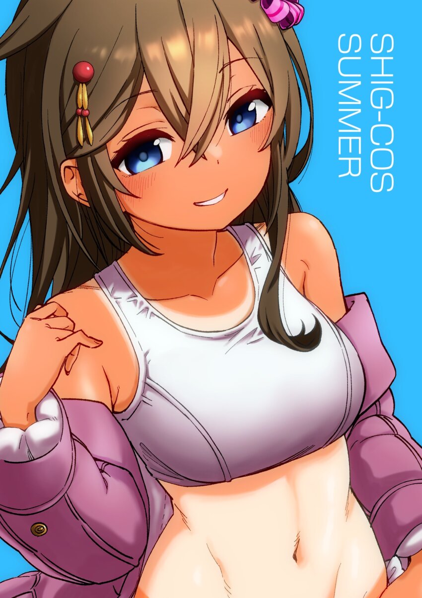 1girl bikini blue_eyes blush brown_hair collarbone cosplay fingernails gouta_(nagishiro6624) grin hair_between_eyes hair_flaps highres jacket kantai_collection long_hair long_sleeves looking_at_viewer navel open_clothes open_jacket pink_jacket ro-500_(kancolle) ro-500_(kancolle)_(cosplay) ro-500_(swimsuit)_(kancolle) shigure_(kancolle) shigure_kai_ni_(kancolle) smile solo swimsuit tan tanline upper_body white_bikini
