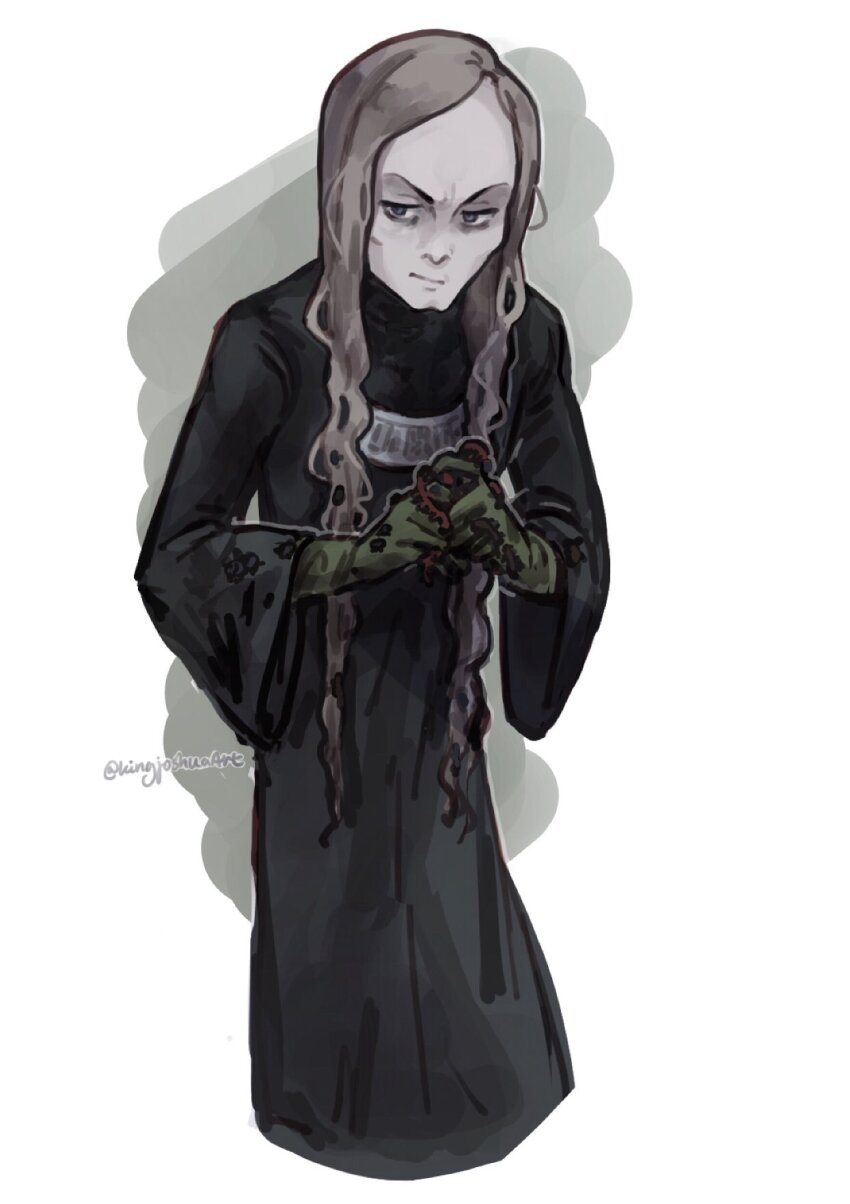 1boy artist_name black_eyes black_robe brown_hair cleft_chin closed_mouth commentary cropped_legs english_commentary enki_(fear_&amp;_hunger) fear_&amp;_hunger_(series) fear_&amp;_hunger_1 forehead gloves green_gloves grey_background highres holding kingjoshua long_hair long_sleeves male_focus robe solo twitter_username two-tone_background white_background