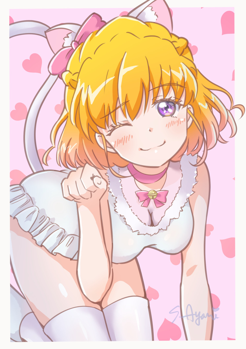 1girl absurdres animal_ears asahina_mirai bell blonde_hair blush boots bow bowtie braid breasts cat_ears cat_tail cleavage closed_mouth commentary_request fur-trimmed_leotard fur_trim hair_bow half_up_braid highres leotard mahou_girls_precure! mahou_girls_precure!!_mirai_days medium_breasts medium_hair one_eye_closed paw_pose pink_bow pink_bowtie precure purple_eyes signature solo sorama_ayari tail thighhighs white_boots white_leotard white_thighhighs