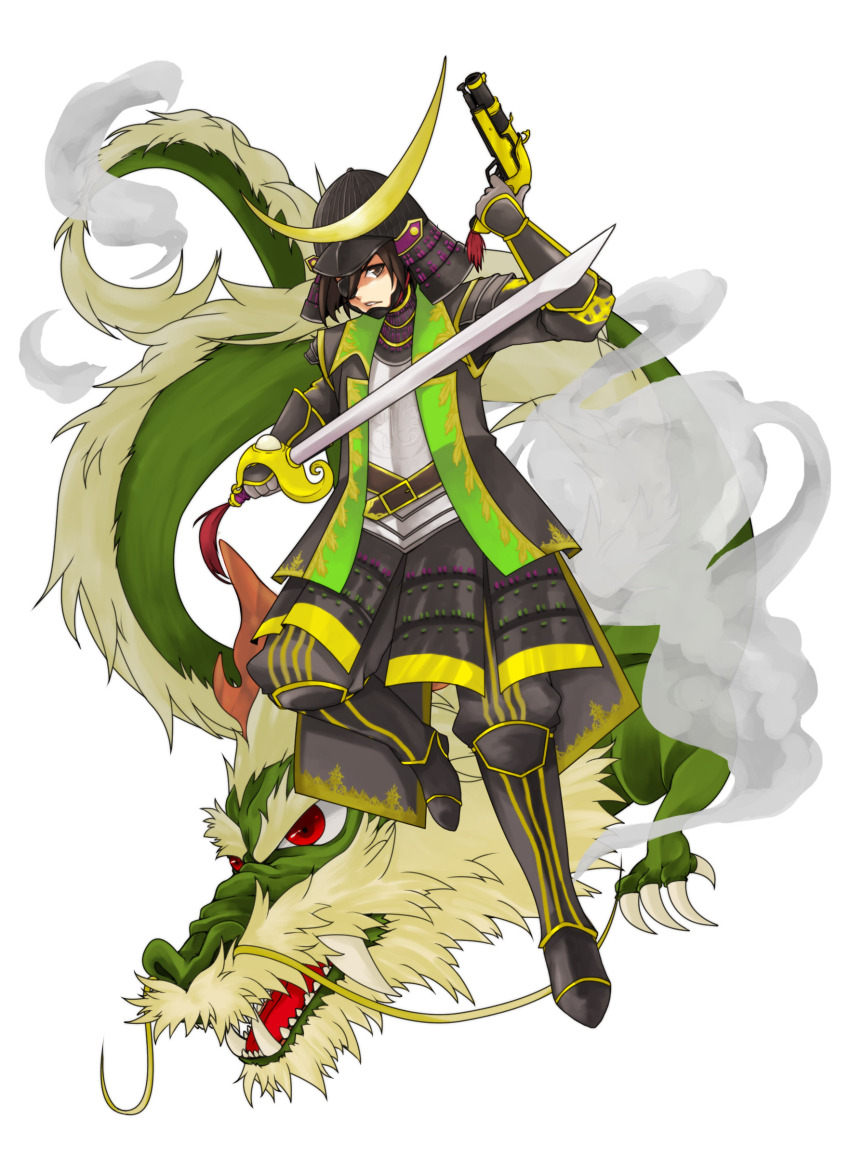 absurdres armor brown_hair coat date_masamune dragon eyepatch gun handgun helmet highres male_focus pistol sengoku_musou swept_bangs sword weapon