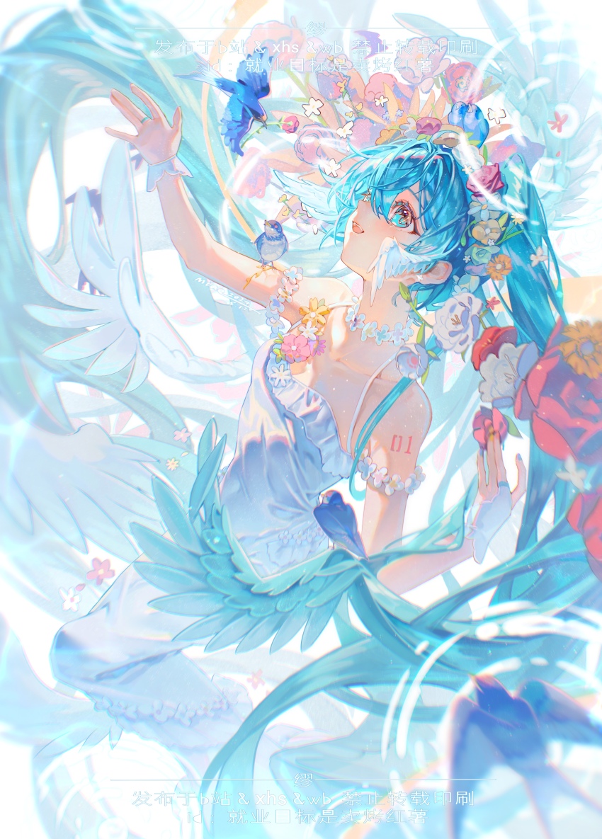 1girl absurdres animal aqua_eyes aqua_hair aqua_nails arm_tattoo bare_shoulders bird bird_on_hand blue_eyes blue_flower blue_hair blurry breasts bug butterfly collarbone commentary_request dress eyelashes feathered_wings floating_hair flower gloves hair_between_eyes hair_flower hair_ornament hand_up hatsune_miku highres holding insect jewelry jiuye_mubiao_shi_mai_kao_hongshu light_particles long_hair looking_at_animal looking_up number_tattoo open_mouth orange_flower outstretched_arm parted_lips pink_flower pink_rose profile red_flower red_rose rose shoulder_tattoo sleeveless sleeveless_dress small_breasts solo strapless strapless_dress tattoo twintails very_long_hair vocaloid white_background white_dress white_flower white_gloves wings yellow_flower
