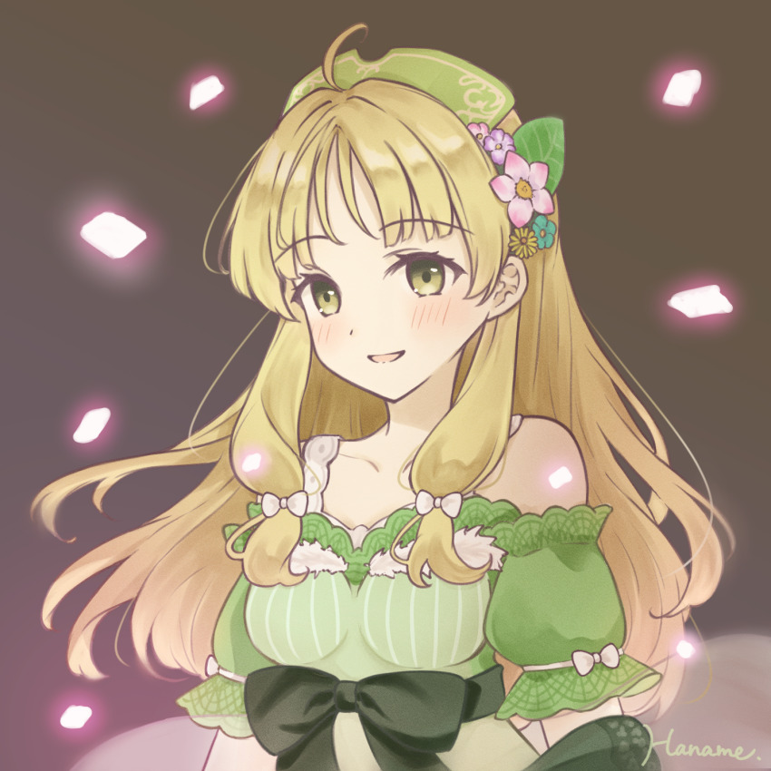 1girl :d ahoge artist_name atelier_(series) atelier_ayesha ayesha_altugle bare_shoulders blonde_hair brown_background brown_eyes flower glowing green_hat green_ribbon hair_flower hair_ornament hanachocolate30 hat highres long_hair looking_at_viewer open_mouth petals pink_flower purple_flower ribbon smile solo upper_body