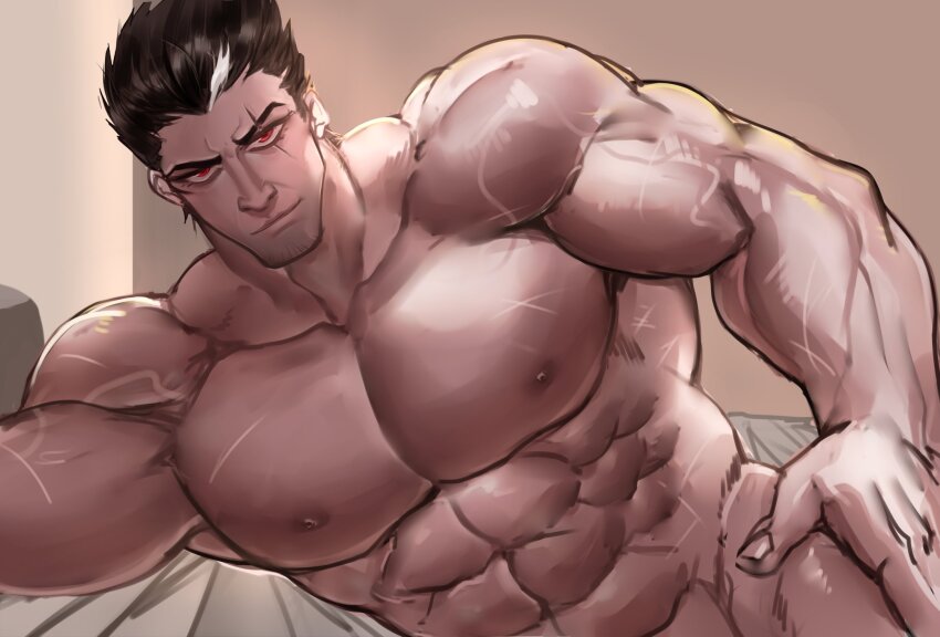 1boy abs bara beard beard_stubble bed biceps black_hair darius_(league_of_legends) facial_hair highres huge_pectorals league_of_legends looking_at_viewer lying male_focus manly mature_male multicolored_hair muscular muscular_arms muscular_male nipples nude on_bed on_side pectorals red_eyes scar scar_on_face short_hair silver_(ordinary_1) smirk solo spiked_hair stubble thick_eyebrows white_hair