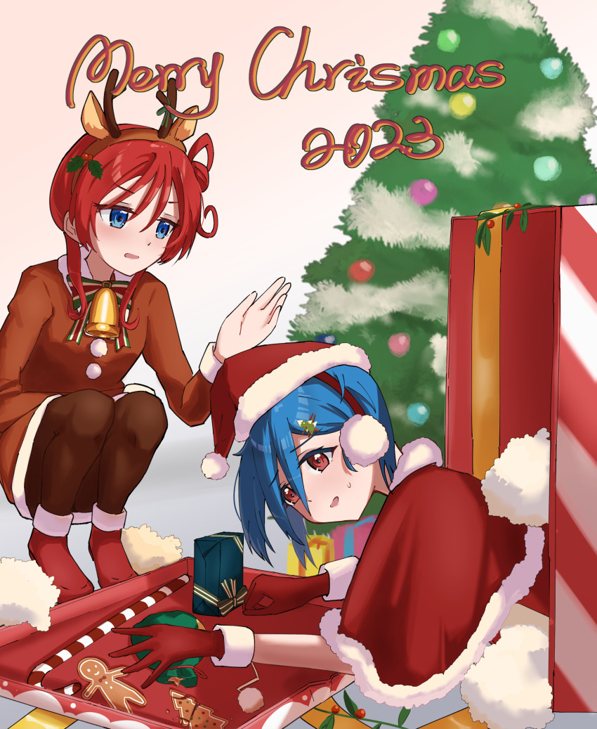 2023 2girls absurdres alternate_costume animal_costume animal_ear_hairband animal_ears bell blue_eyes blue_hair blush boots box brown_pantyhose capelet christmas_tree christmas_tree_hair_ornament commentary_request crossed_bangs deer_ears earmuffs failure fake_animal_ears fake_antlers fur-trimmed_boots fur-trimmed_capelet fur-trimmed_gloves fur_trim gloves hair_bun hair_ornament hairband hat highres holly_hair_ornament in_box in_container looking_at_another love_live! love_live!_superstar!! merry_christmas multiple_girls neck_bell on_floor open_mouth orange_eyes pantyhose partial_commentary red_boots red_capelet red_gloves red_hair reindeer_costume rikka006 santa_costume santa_hat short_hair short_hair_with_long_locks single_side_bun squatting sweatdrop wakana_shiki yoneme_mei