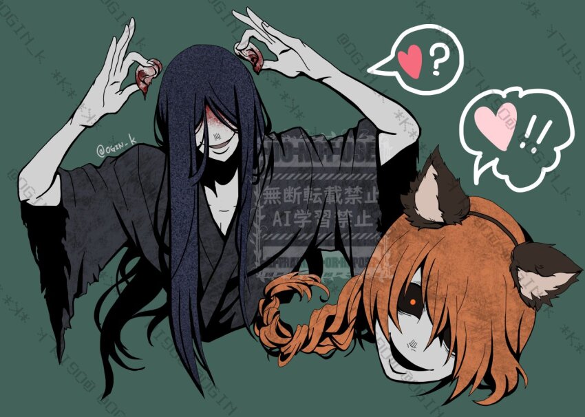 2boys animal_ears black_hair black_kimono blood blood_on_face braid brown_sclera cat_ears colored_sclera commentary_request fake_animal_ears green_background holding homicipher japanese_clothes kimono long_hair looking_at_viewer male_focus mixed-language_commentary mr._chopped mr._crawling multiple_boys ogin3_k orange_eyes orange_hair severed_ear severed_head