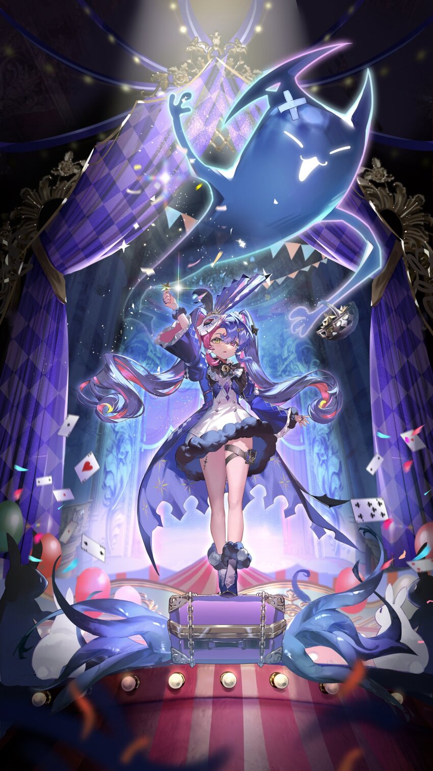 1girl absurdres arm_up black_bow black_collar bow card chinese_text collar commentary dated dress english_commentary hair_bow heterochromia highres holding holding_star jewelry key_hair_ornament kuuus logo long_hair looking_at_viewer multicolored_hair multiple_rings official_art parted_lips pero_(wuthering_waves) pink_eyes pink_hair playing_card purple_hair purple_shrug ring roccia_(wuthering_waves) stage star_(symbol) suitcase symbol-shaped_pupils tacet_mark_(wuthering_waves) twintails two-tone_hair white_dress wuthering_waves x-shaped_pupils yellow_eyes