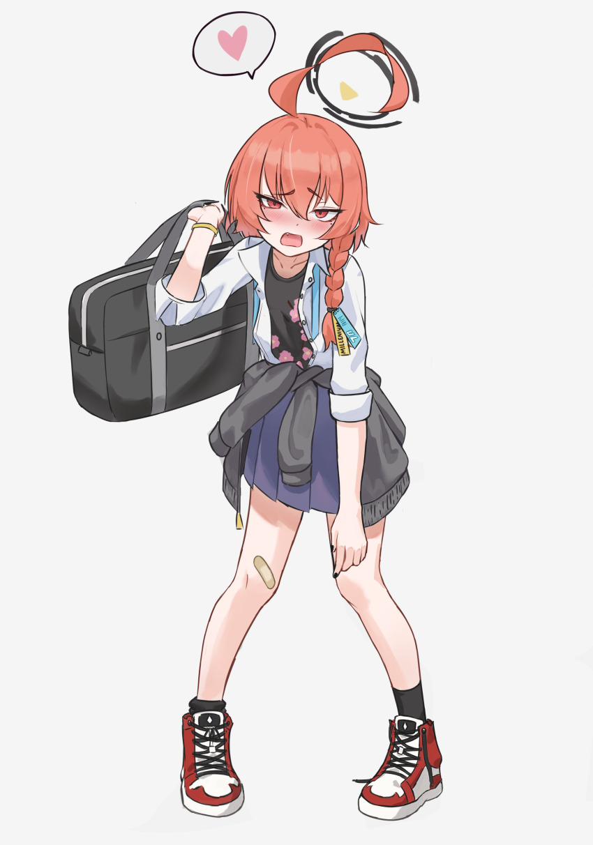 1girl absurdres ahoge bag black_halo blando blue_archive braid cardigan cardigan_around_waist chibi chibi_inset clothes_around_waist derivative_work floral_print_shirt halo highres holding holding_bag huge_ahoge jacket jacket_around_waist long_hair neck_ribbon neru_(blue_archive) neru_(school_uniform)_(blue_archive) red_eyes ribbon school_bag screenshot_redraw shirt shoelaces shoes skirt sneakers solo undone_neck_ribbon untied_shoelaces white_shirt